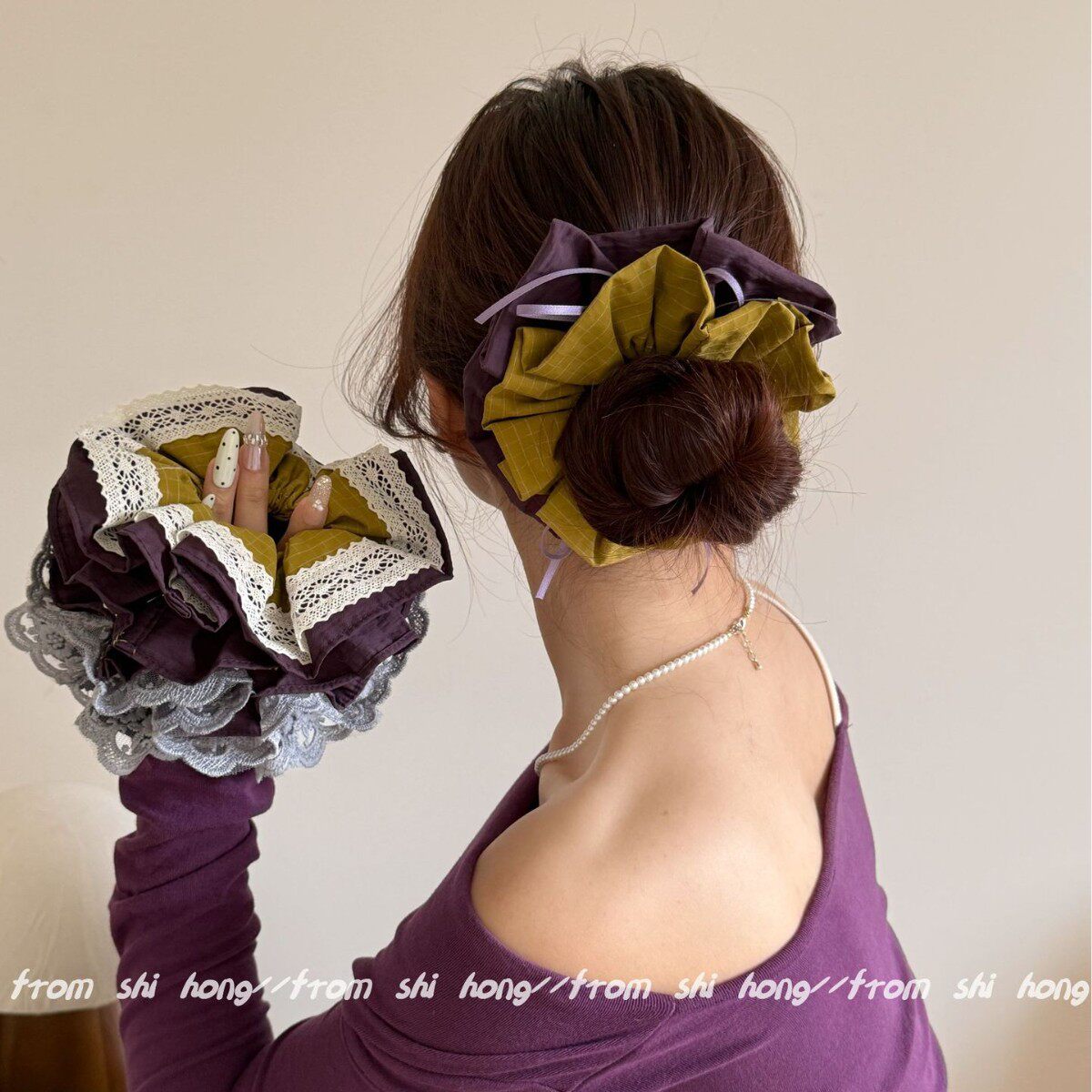 高级感马尾头绳紫色蕾丝格纹大肠发圈四层锁边束腰发绳绑头花发饰