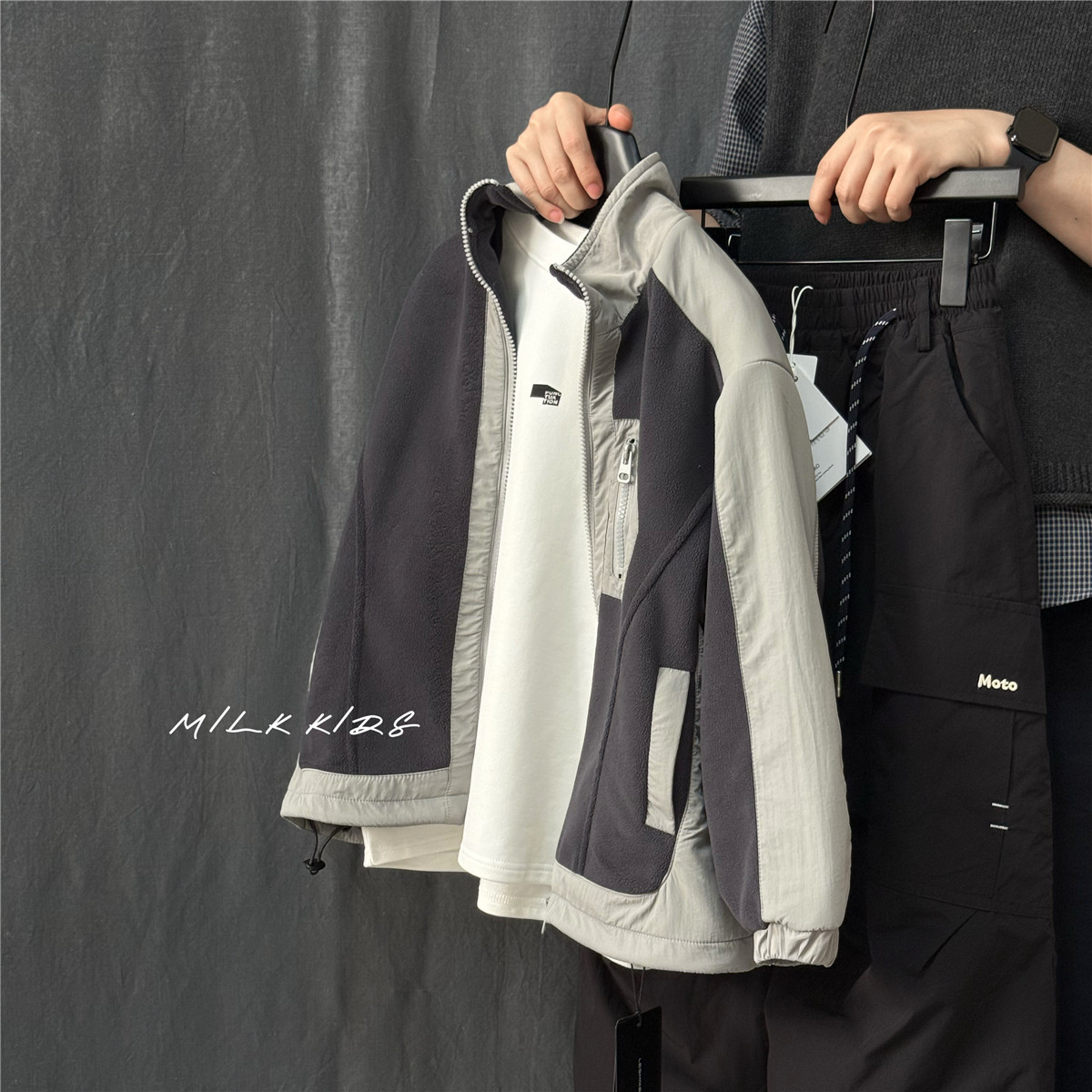 MILK KIDS.男童校服神器双面澳绒拼接外套2026冬新中大童保暖帅气