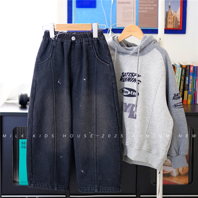 男童加厚一体绒宽小直筒牛仔裤