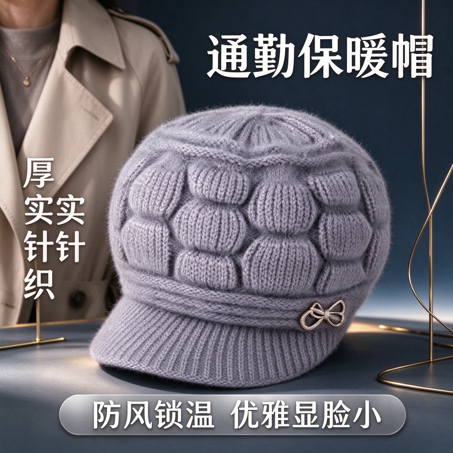 奶奶冬季防风毛线帽女士花瓣纹理针织鸭舌帽亲肤柔软中老年妈妈