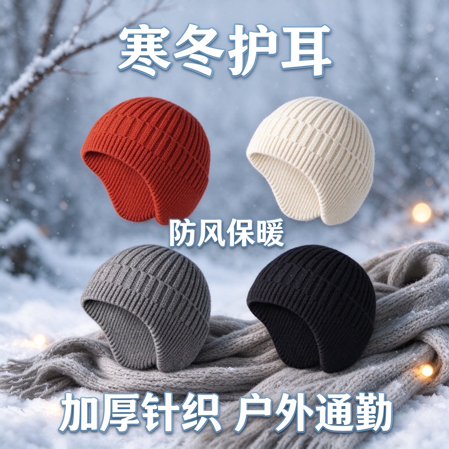 基础百搭款韩版护耳冷帽竖坑条针织工艺秋冬防寒包头帽日常出门