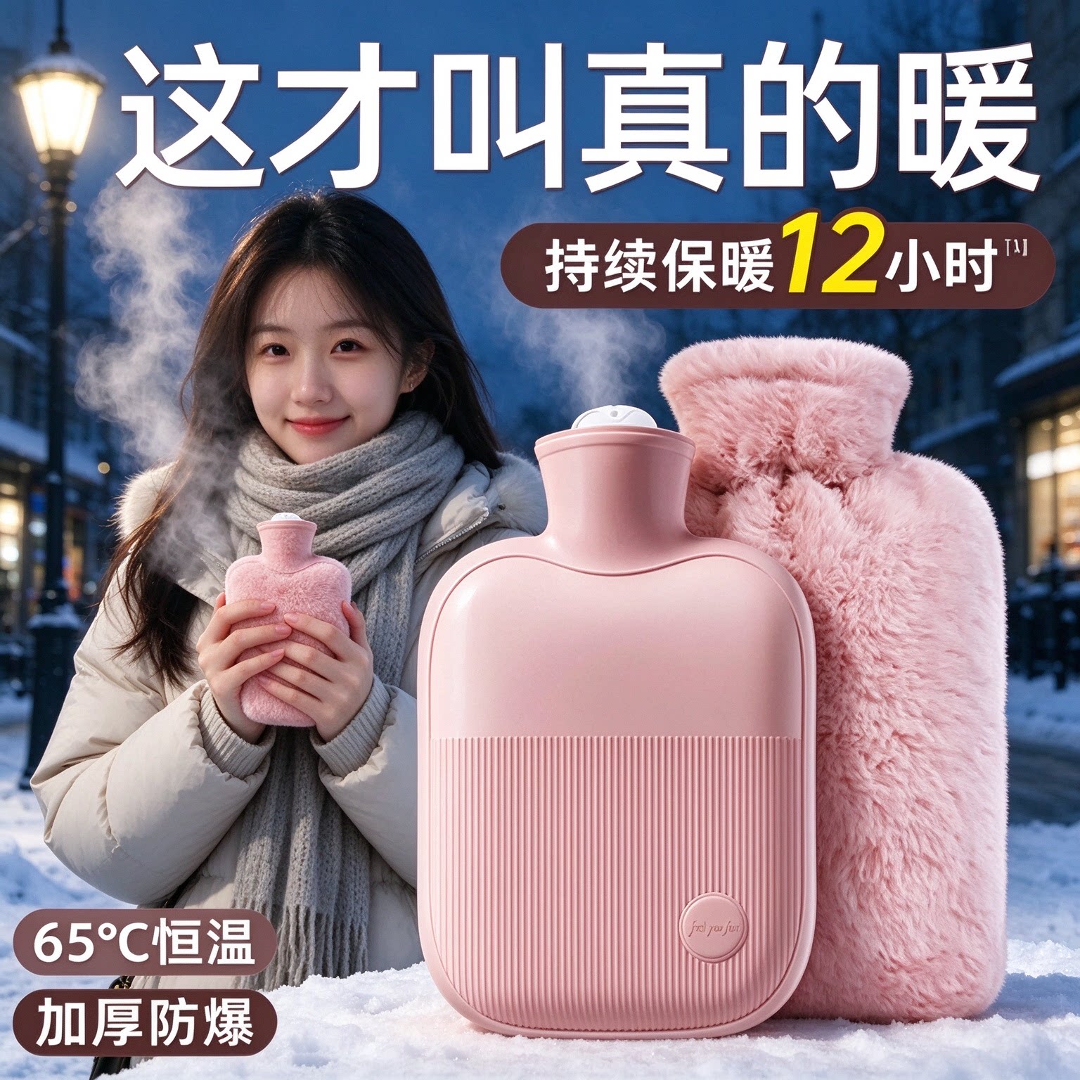 秋冬注水暖水袋加厚防爆大容量带毛绒套持久锁温女生随身暖腹