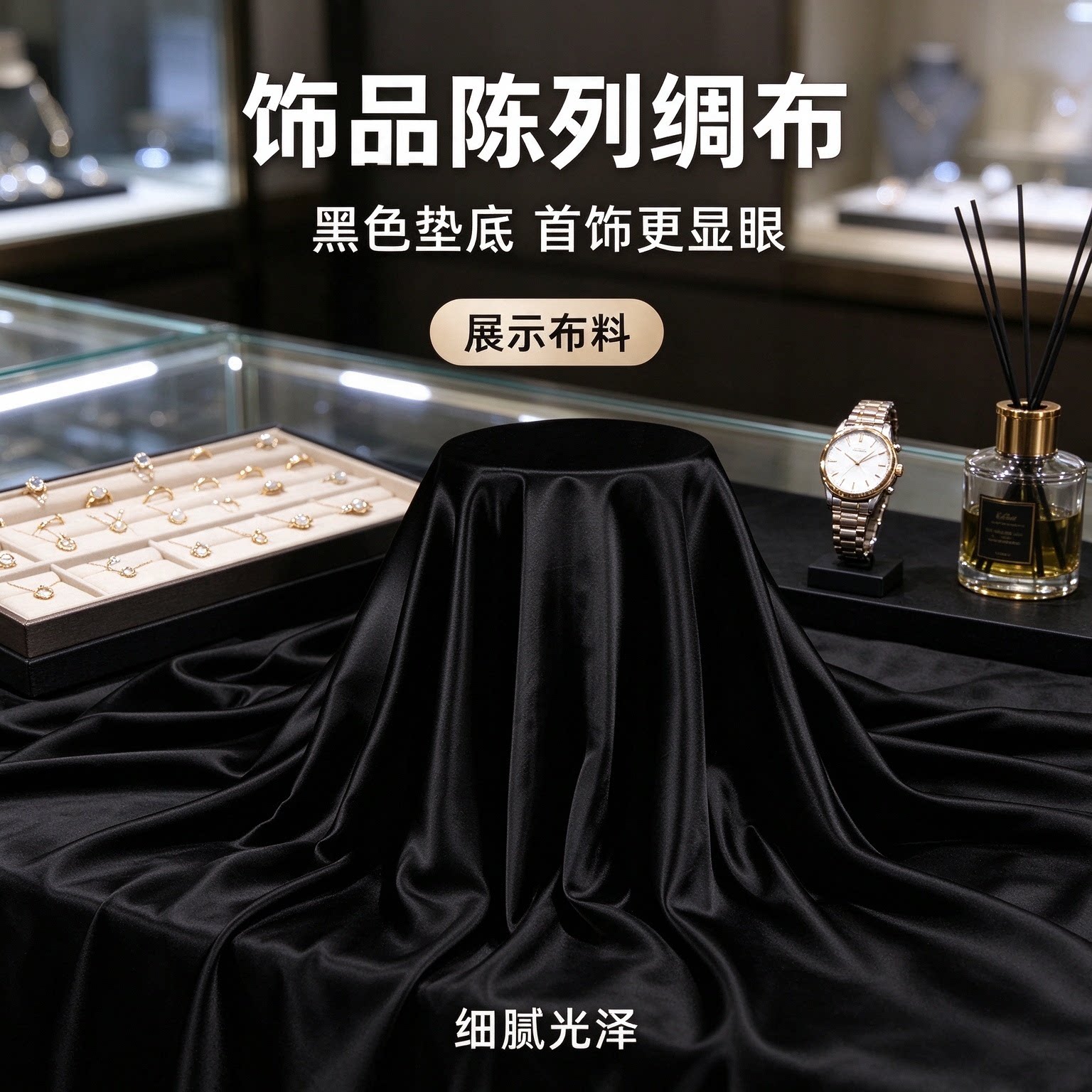 黑色色丁绸缎加密面料光泽均匀礼服内衬手工摆件背景装饰绸缎布料