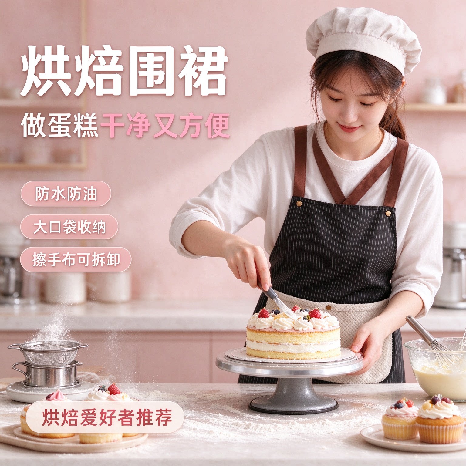 加厚防水条纹围裙带擦手巾交叉肩带不勒肩家用做饭防油围裙