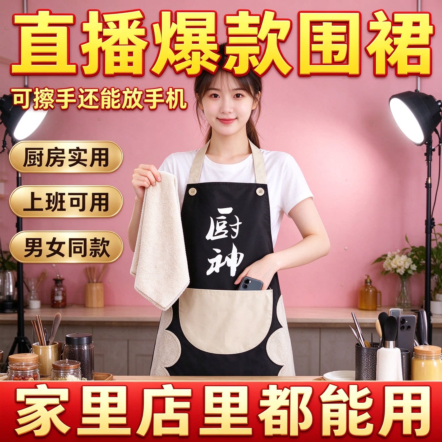 趣味文字挂脖围裙防水耐脏带擦手布居家炒菜保洁工作服