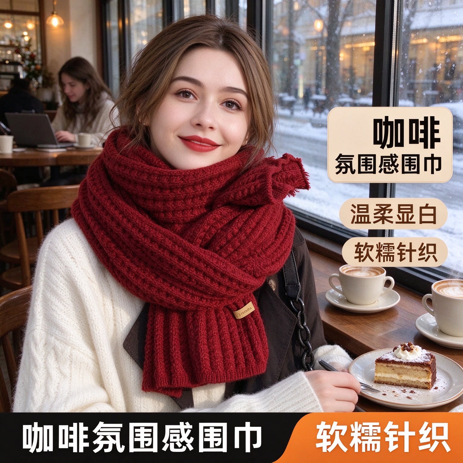 显白酒红色针织围脖女生秋冬柔软粗毛线围巾加厚防寒日常搭配
