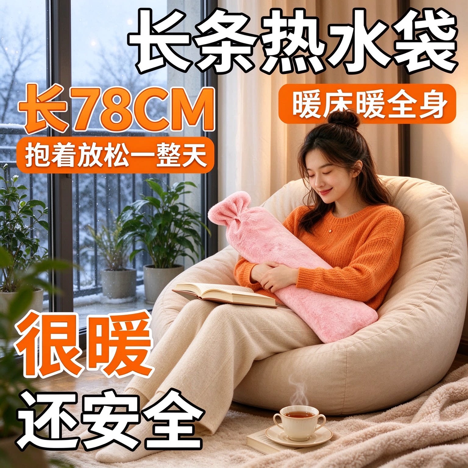 网红 78cm 长条抱睡热水袋注水款加厚防漏内胆兔绒布套床上暖床