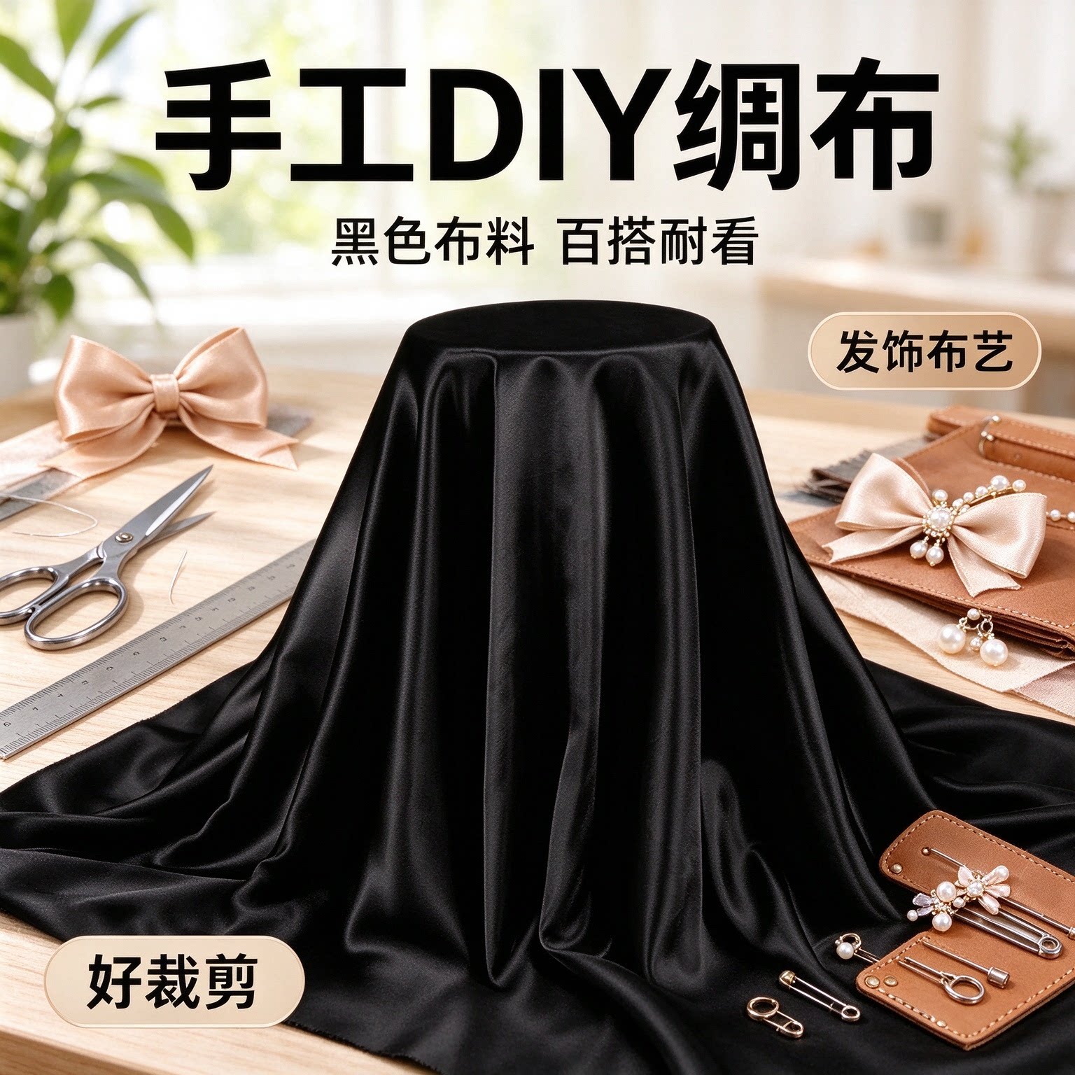 顺滑黑色亮面绸布双面设计礼盒铺垫摄影布景手工发饰制作绸缎面料