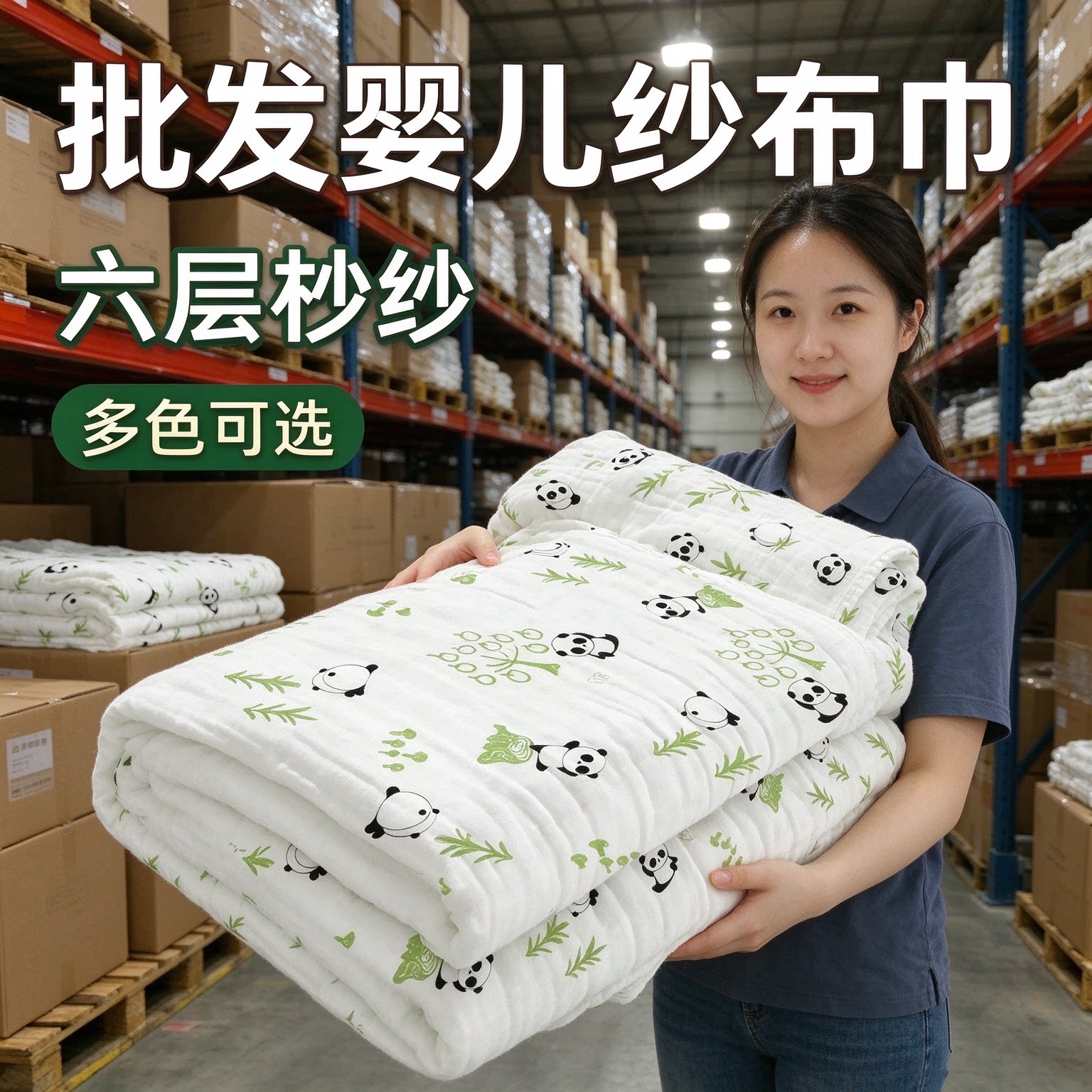 A 类纯棉六层纱布婴儿浴巾熊猫印花宝宝洗澡吸水盖毯新生儿包巾