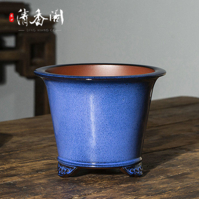 圆口云脚釉面兰花盆春兰建兰桌面花卉中式紫砂盆古典简约陶瓷花盆_虎窝淘
