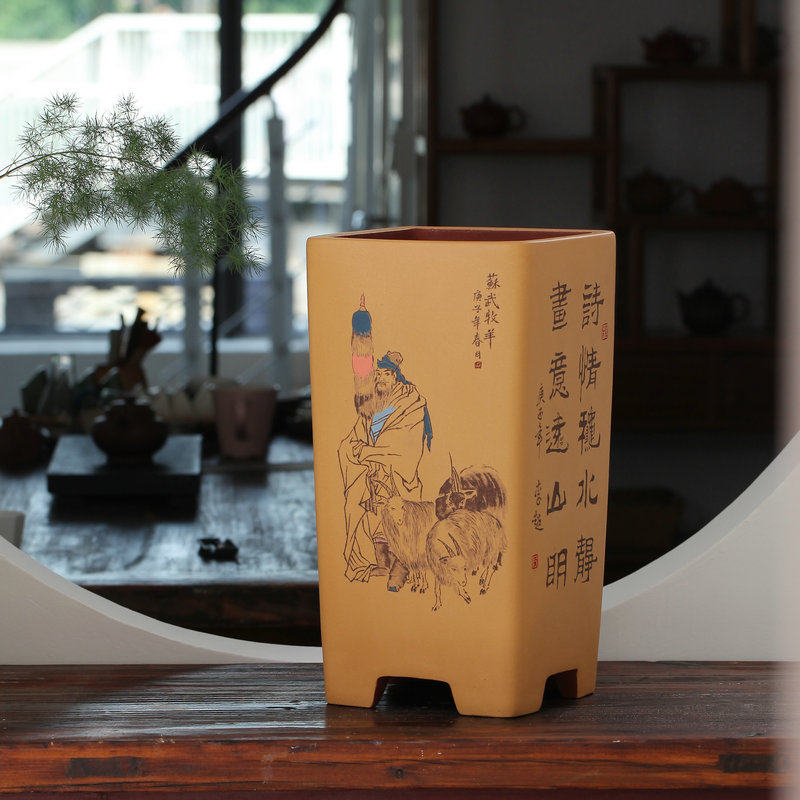 宜兴原矿紫砂彩绘四方特大签筒李超精制客厅玄关悬崖盆景绿植花盆