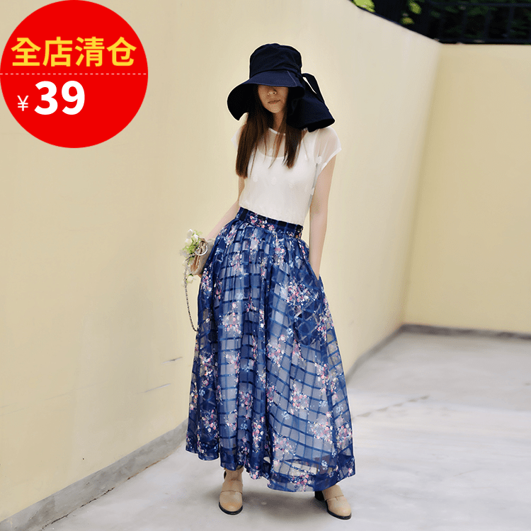 原创超大摆半身长裙 新款欧根纱复古碎花森女文艺蓬蓬裙