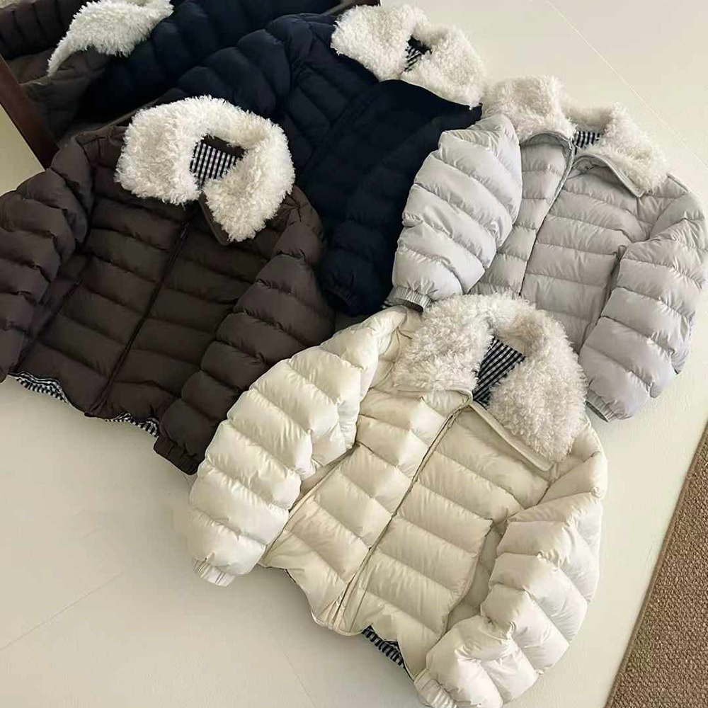 拼接羊羔毛短款白鸭绒羽绒服外套