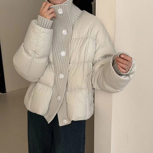 欧洲站2025冬季新款针织拼接大翻领羽绒服女短款加厚白鸭绒外套潮