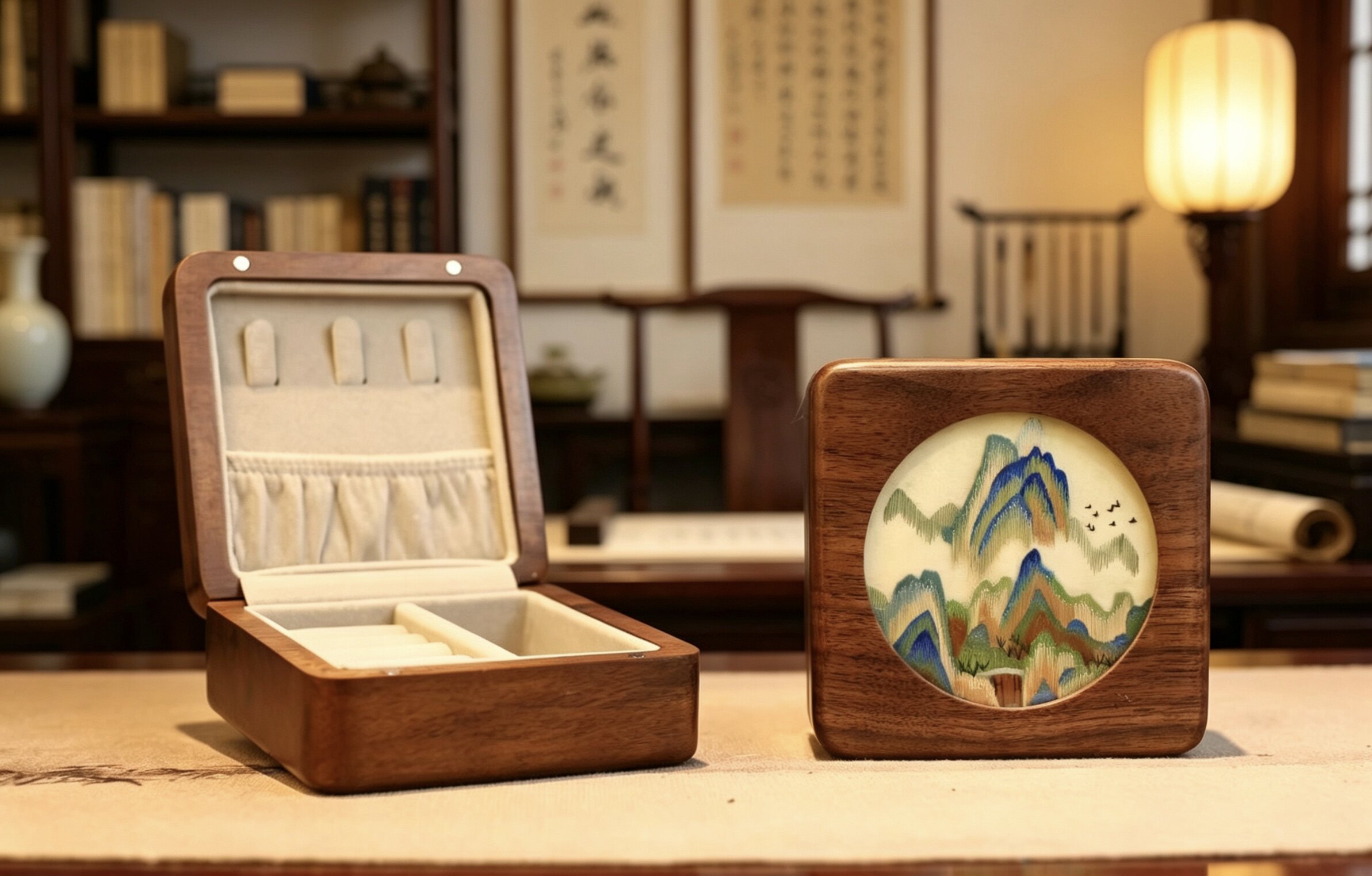 非遗苏绣手工刺绣胡桃木首饰盒新中式国风高档便携小物收纳盒送礼