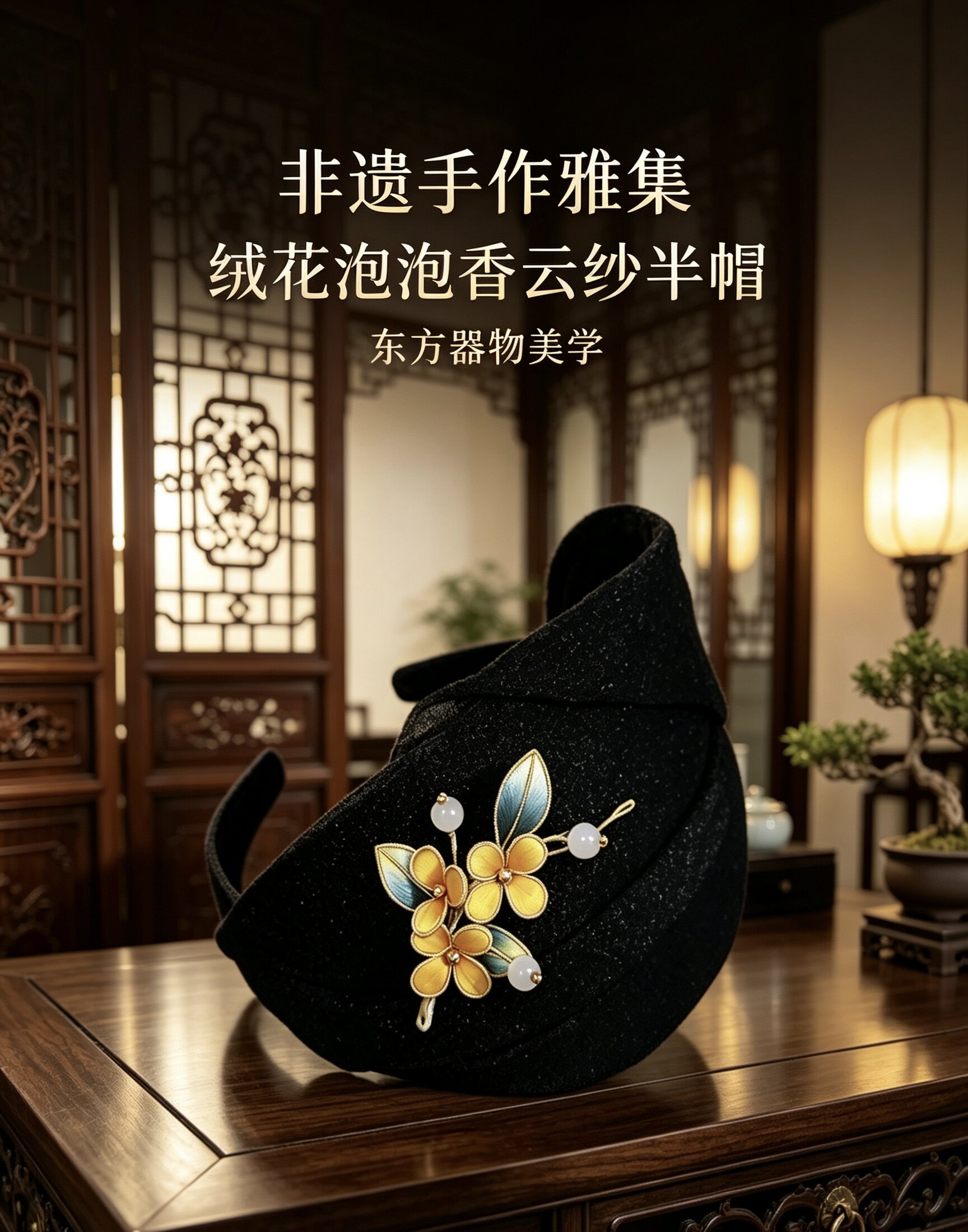超宽边泡泡纱半帽发箍 真丝缠花绒花手工刺绣欧根纱晚宴百搭头饰