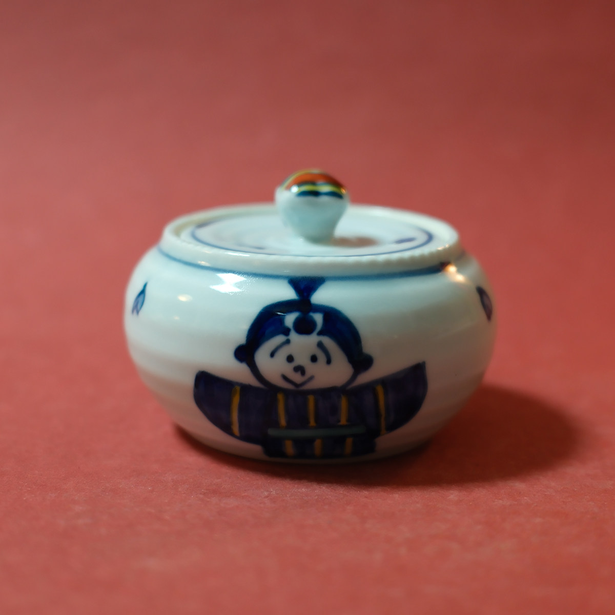 孤品中古日本制有田烧职人青花手绘卡通童子陶瓷收纳盖罐
