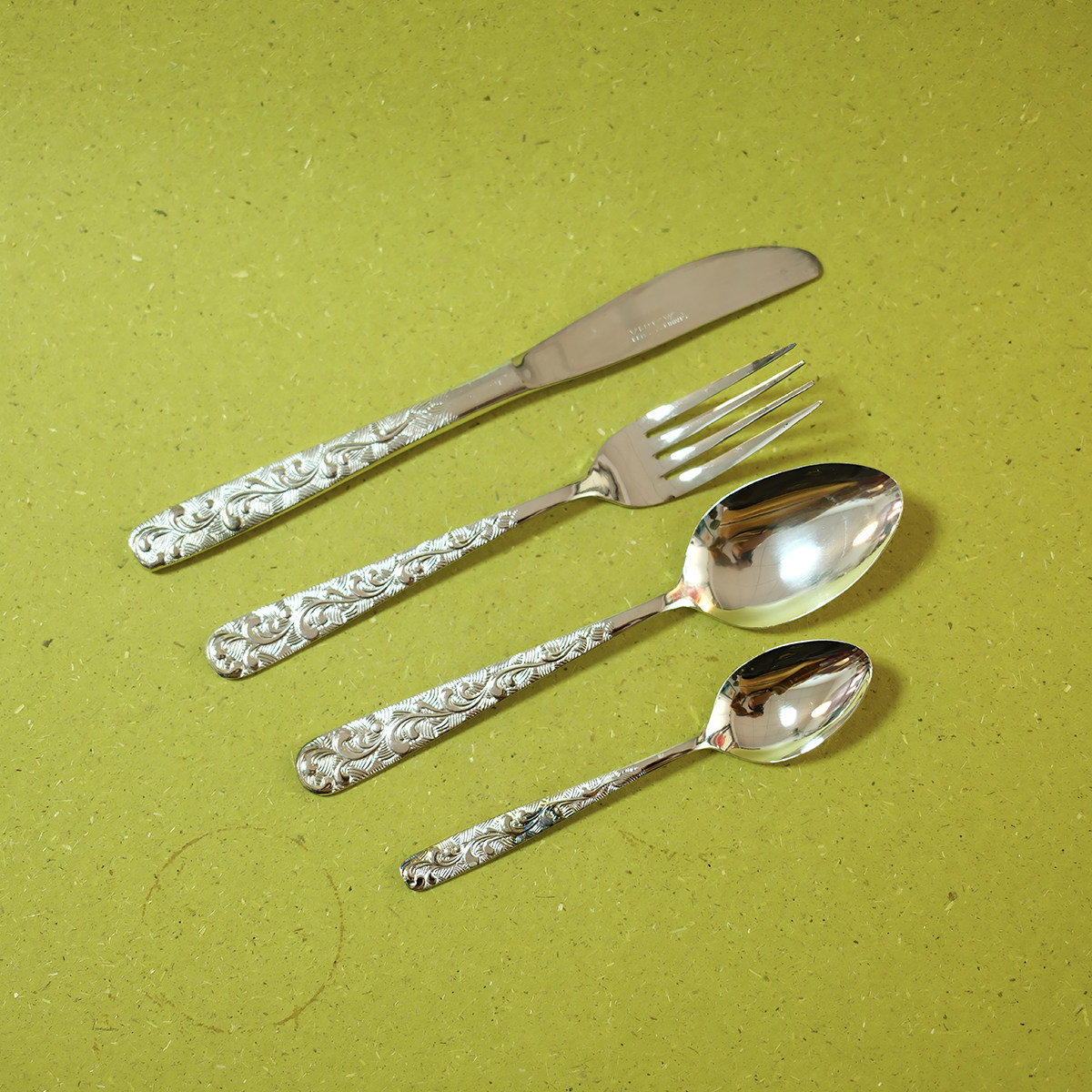 中古日本制AZUMA不锈钢镀银浮雕花卉纹西餐具 餐刀餐叉餐勺