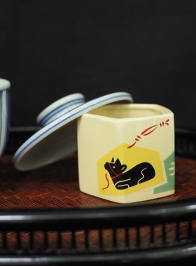 双子商店 孤品中古日本制手绘生肖干支牛五角多边形陶瓷盖置