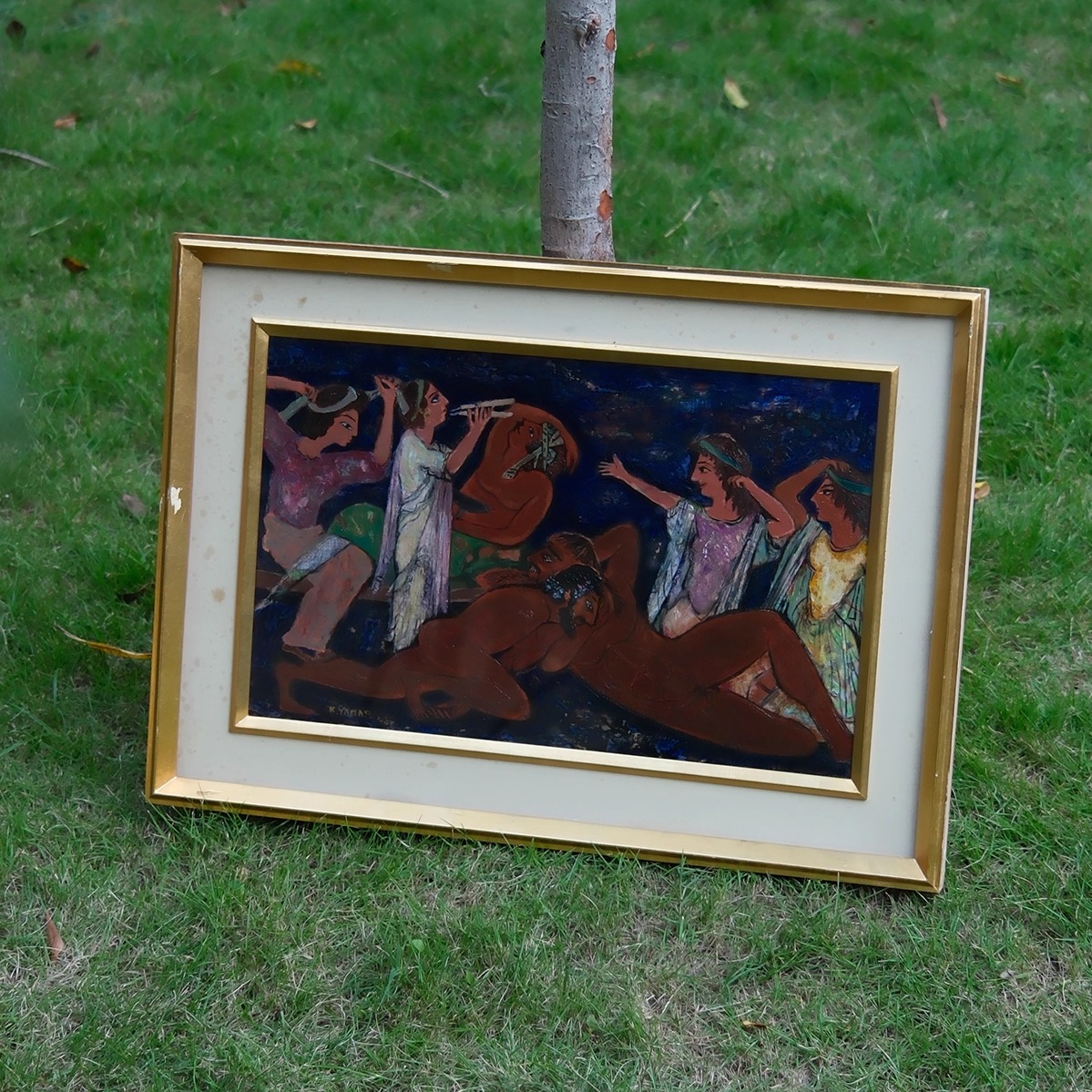 孤品中古日本制画家山尾熏明手绘油画《斗争》人物色彩装饰画