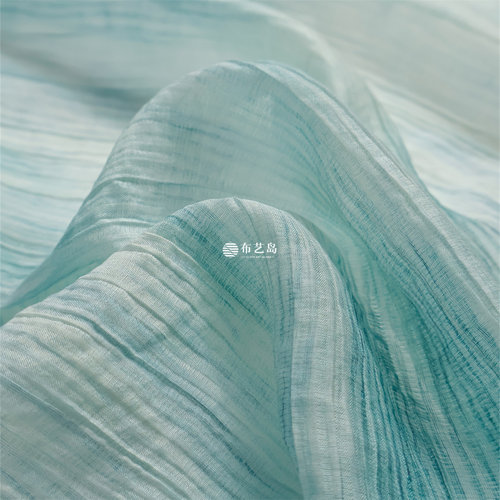 亲肤半透  淡蓝色紫色不规则褶皱肌理扎染竖条纹天丝麻布料面料 - 封面