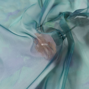 半透飘逸紫绿色渐变扎染水墨画风格印花雪纺汉服马面裙diy面料A