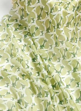 F清新绿色叶子印花几何图案天丝麻布料做裙子设计师汉服夏面料B