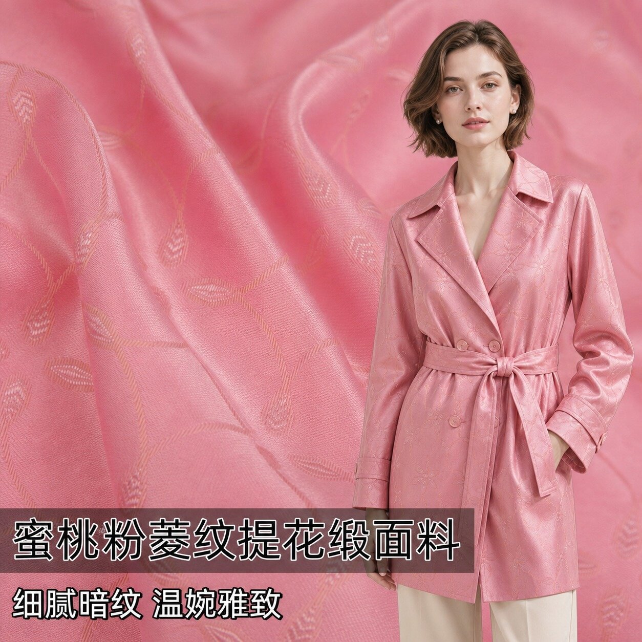 蜜桃粉菱形提花缎面设计师面料