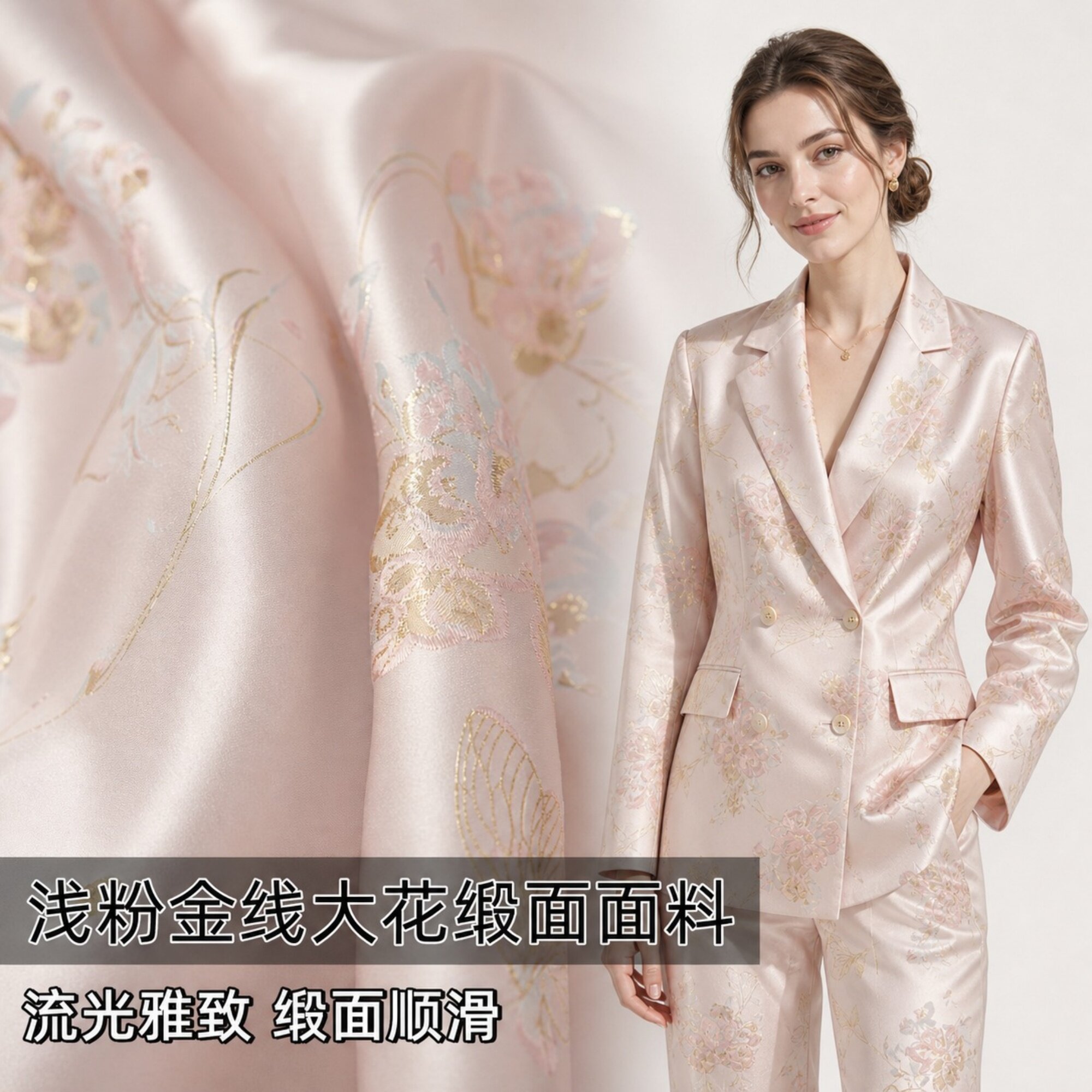 流光雅致 浅粉米色金线蝴蝶花卉缎面布料外套马甲汉服设计师面料B
