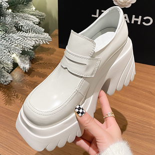 四季鞋10厘米增高鞋女真皮单鞋粗跟厚底休闲鞋松糕跟英伦风乐福鞋