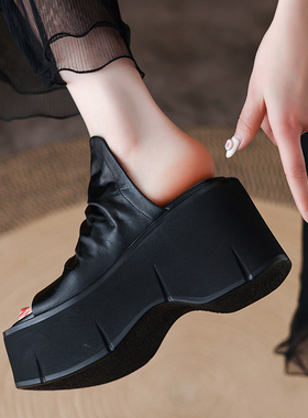 夏季小个子女鞋松糕跟凉鞋全真皮厚底凉拖鞋增高外穿一字拖鞋坡跟