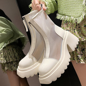 厚底凉鞋 松糕跟女鞋 夏季 网纱马丁靴子真皮粗跟短筒网靴前拉链凉靴