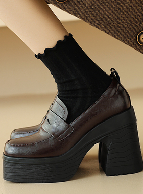 全真皮单鞋粗高跟方头鞋小个子厚底女鞋JK学院风四季鞋深口休闲鞋