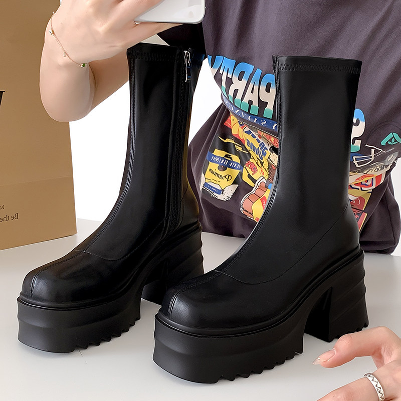 古菲斯奇女鞋松糕跟短筒靴子厚底