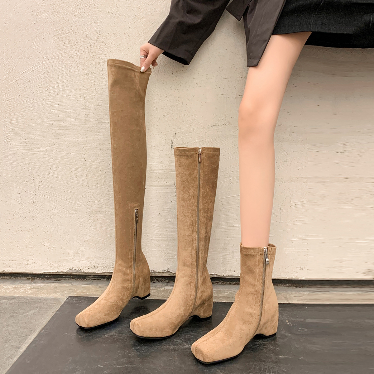 古菲斯奇女鞋内增高过膝靴子瘦腿
