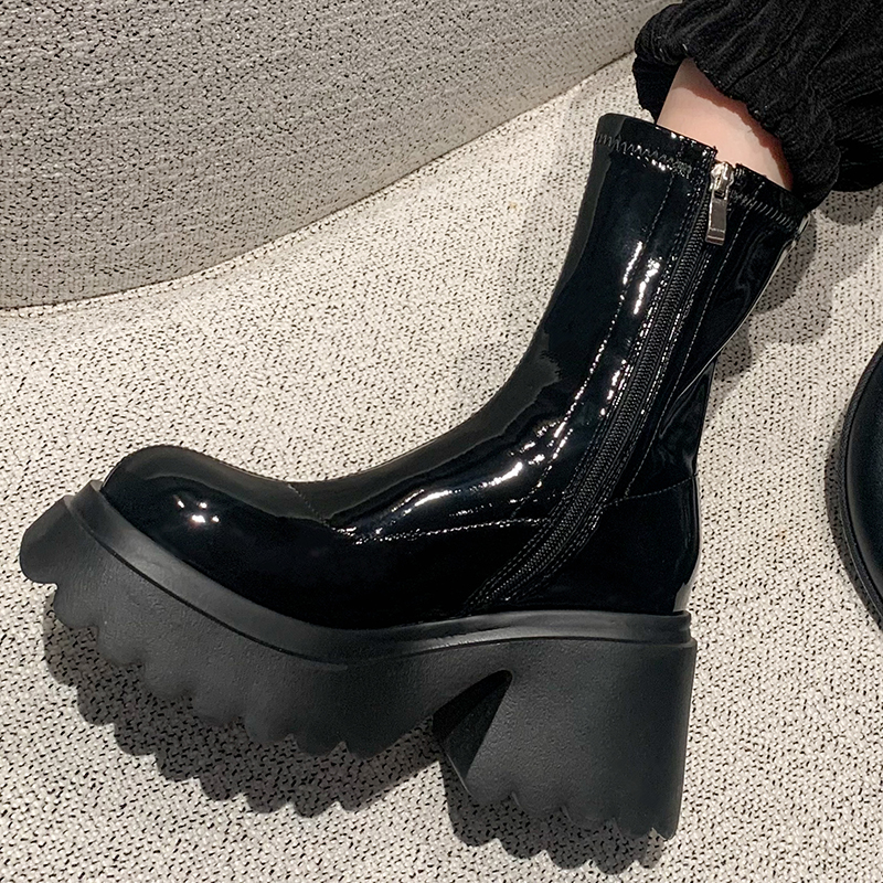 古菲斯奇女鞋漆皮弹力靴子短筒靴