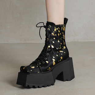 高帮机车靴子豹纹女鞋粗跟厚底短靴马毛真皮马丁靴绑带方头短筒靴