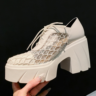 绑带网纱增高鞋 新款 粗高跟真皮休闲单鞋 厚底镂空洞洞鞋 松糕女鞋