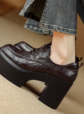 松糕跟四季女鞋全真皮单鞋粗高跟厚底休闲鞋绑带乐福鞋学院风增高