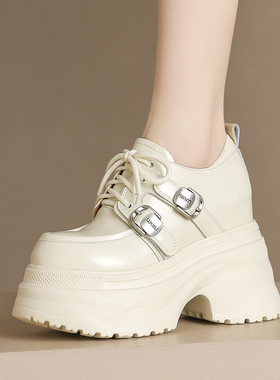 小个子女鞋真皮单鞋厚底休闲鞋绑带松糕四季鞋内增高乐福鞋学院风