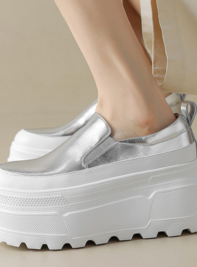 小个子增高女鞋松糕跟休闲鞋真皮单鞋厚底低帮鞋坡跟银色乐福鞋潮