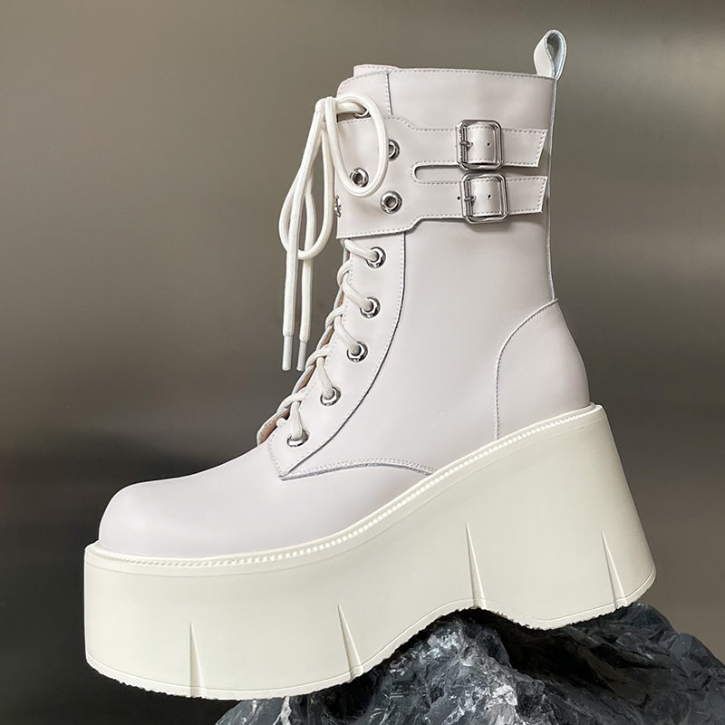 朋克夜店女鞋松糕靴子绑带马丁靴真皮短筒机车靴坡跟厚底短靴加绒