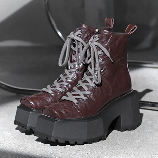 机车靴子猪鼻子女鞋粗跟厚底短靴全真皮马丁靴绑带方头短筒靴增高