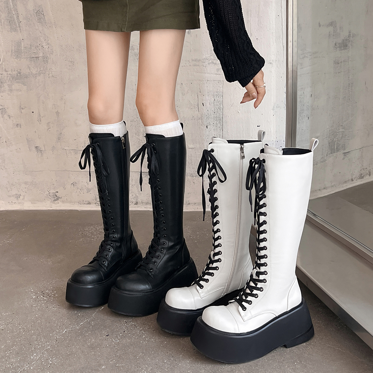 古菲斯奇女鞋厚底长筒马丁靴真皮