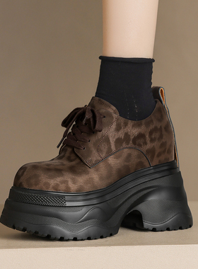 小个子厚底女鞋全真皮休闲单鞋内增高绑带四季鞋豹纹松糕跟乐福鞋