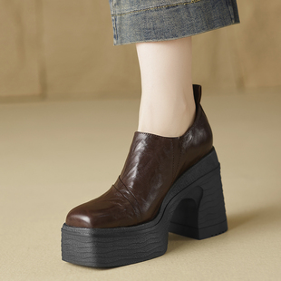 全真皮单鞋粗高跟方头鞋小个子厚底女鞋增高四季鞋深口休闲松糕鞋