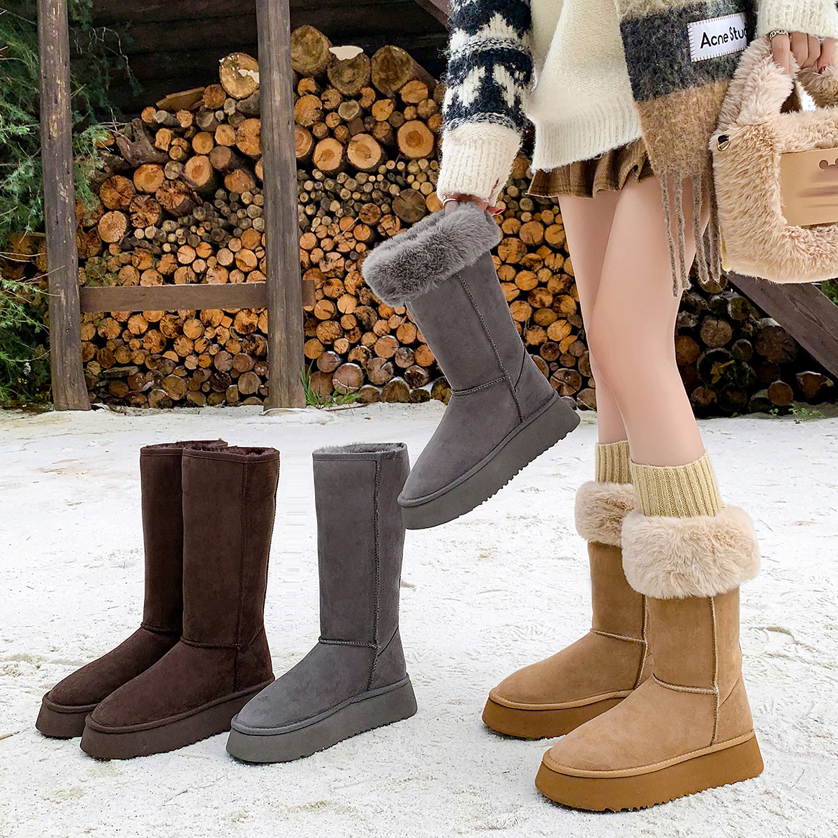 古菲斯奇女鞋厚底长筒雪地靴保暖