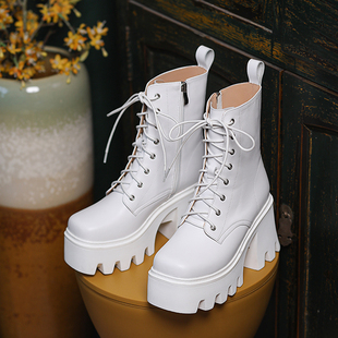 增高鞋 松糕跟靴子女厚底马丁靴全真皮短筒机车靴方头绑带短靴粗跟