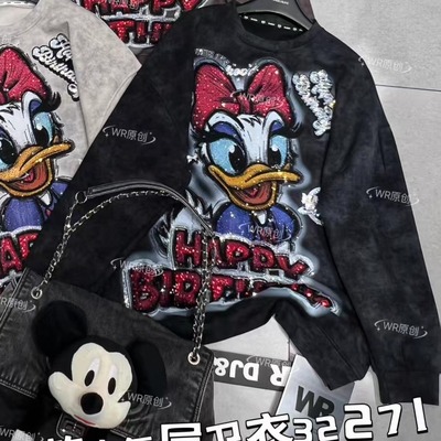 跨境WR潮牌新款重工满钻可爱黛西减龄宽松时尚空气棉圆领卫衣女