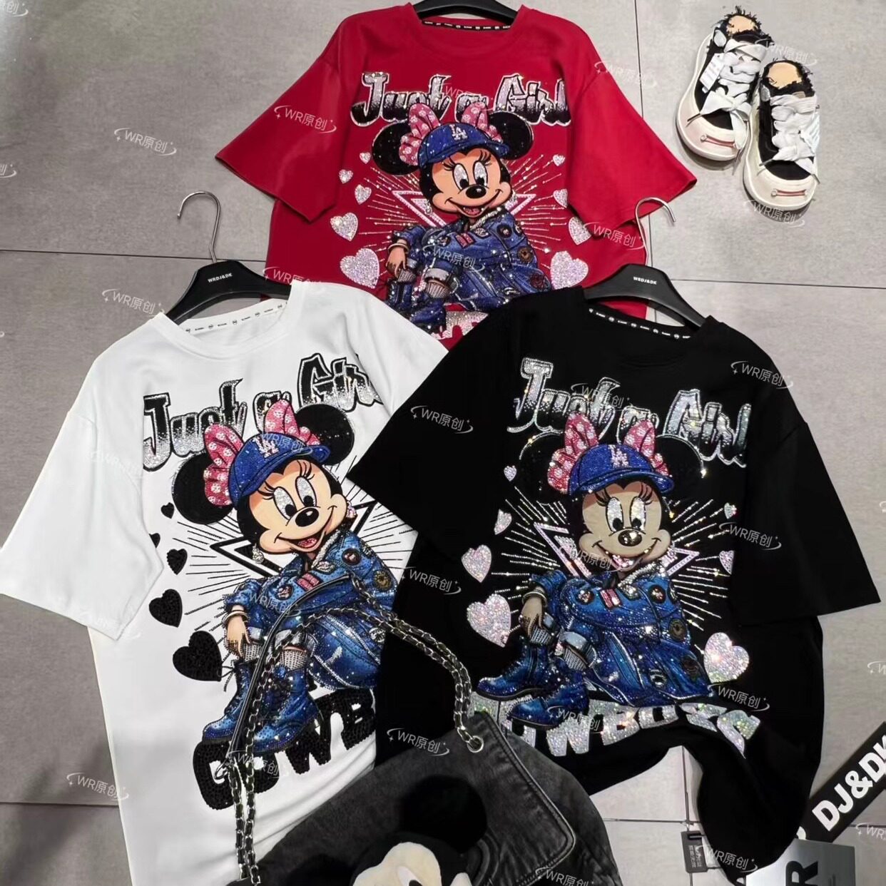 WR潮牌新款时尚重工满钻帽子米妮卡通减龄宽松短袖T恤上衣跨境